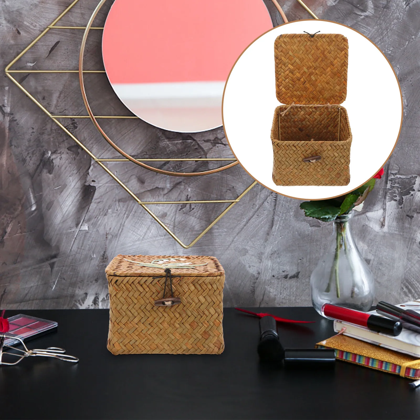 

Woven Sewing Basket with Lid Handmade Storage Organizer for Craft Supplies Household Sundries Decorative Farmhouse Style Basket