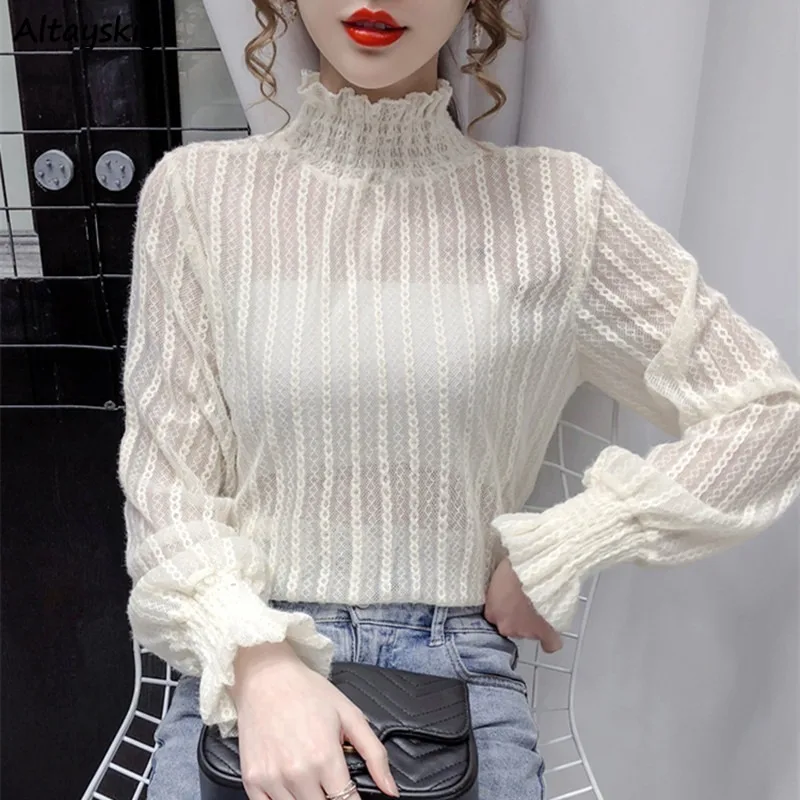 

Mock Neck Pullovers Women Loose Lace All-match Tops Basic Elegant Simple Gentle Fashionable Outwear Ladies Stylish Streetwear