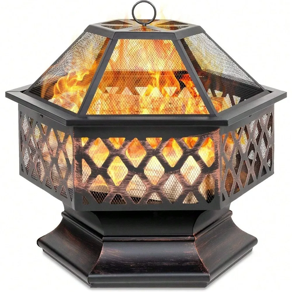 Hex-Shaped 24in Steel Fire Pit, Black Metal Wood Burning Firepit, Portable Hexagon Fire Bowl for Outside, Patio