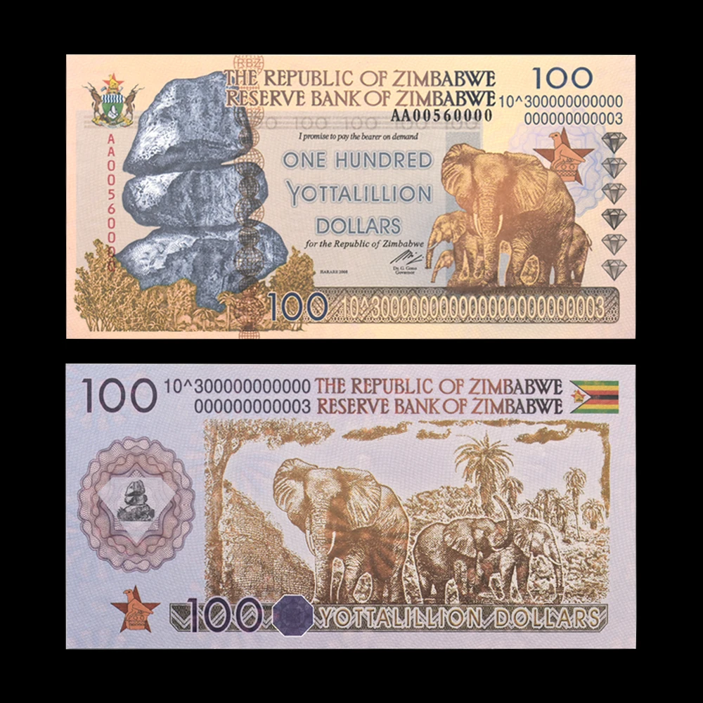 Zimbabwe Banknotes One Hundred Yottalillion Dollars Paper Money African Animal Elephant Notes Collectibles Uncurrency Gift