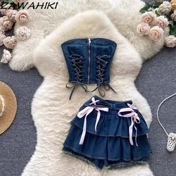 Y2k Denim Two Piece Set Women Drawstring Strapless Zip Design Vest Ruffles Pleated Bow Short Dress Sweet Cute Fashion Ropa Mujer