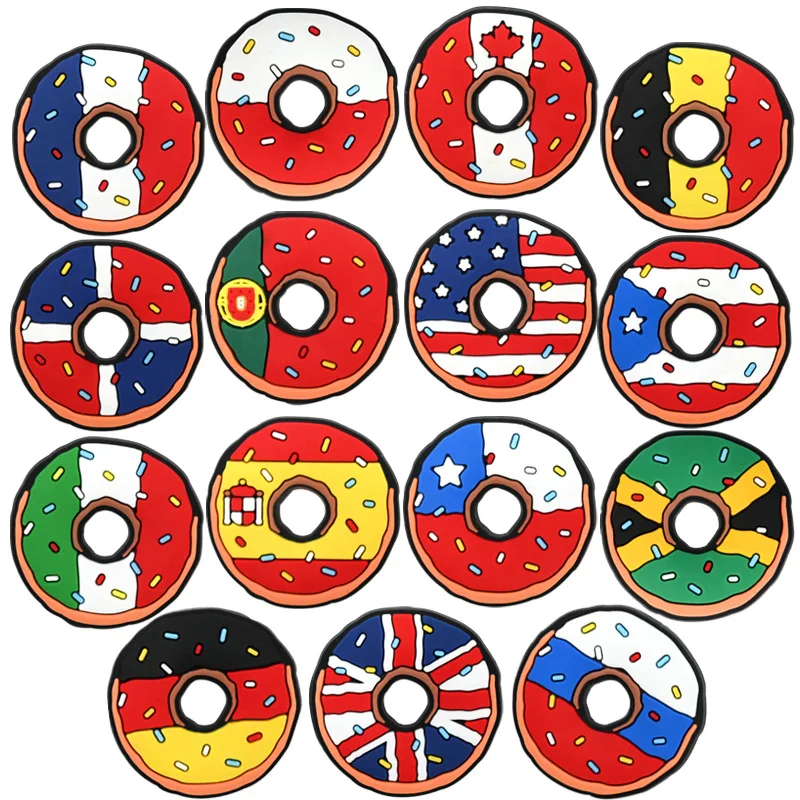 4-100PCS Cartoon Country Flag Donut Shoe Charm PVC Clog Wristband Beach bag Decor Buckle DIY Detachable Waterproof Party Gift