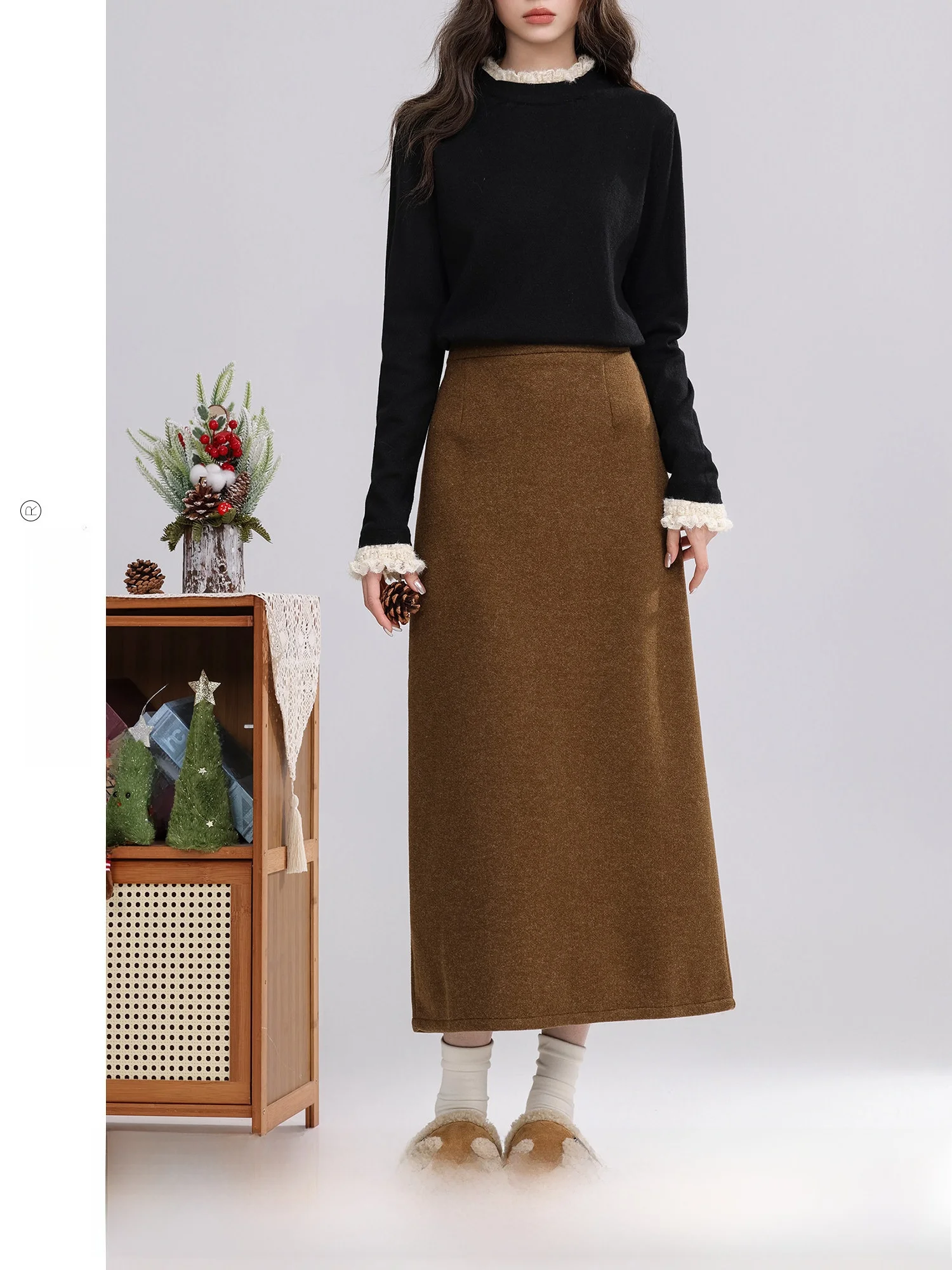 

Классическая женская юбка А-силуэта с высокой талией, на флисовой подкладке, винтажная, цвет кофе, теплая, комфортная, из полиэфирного волокна