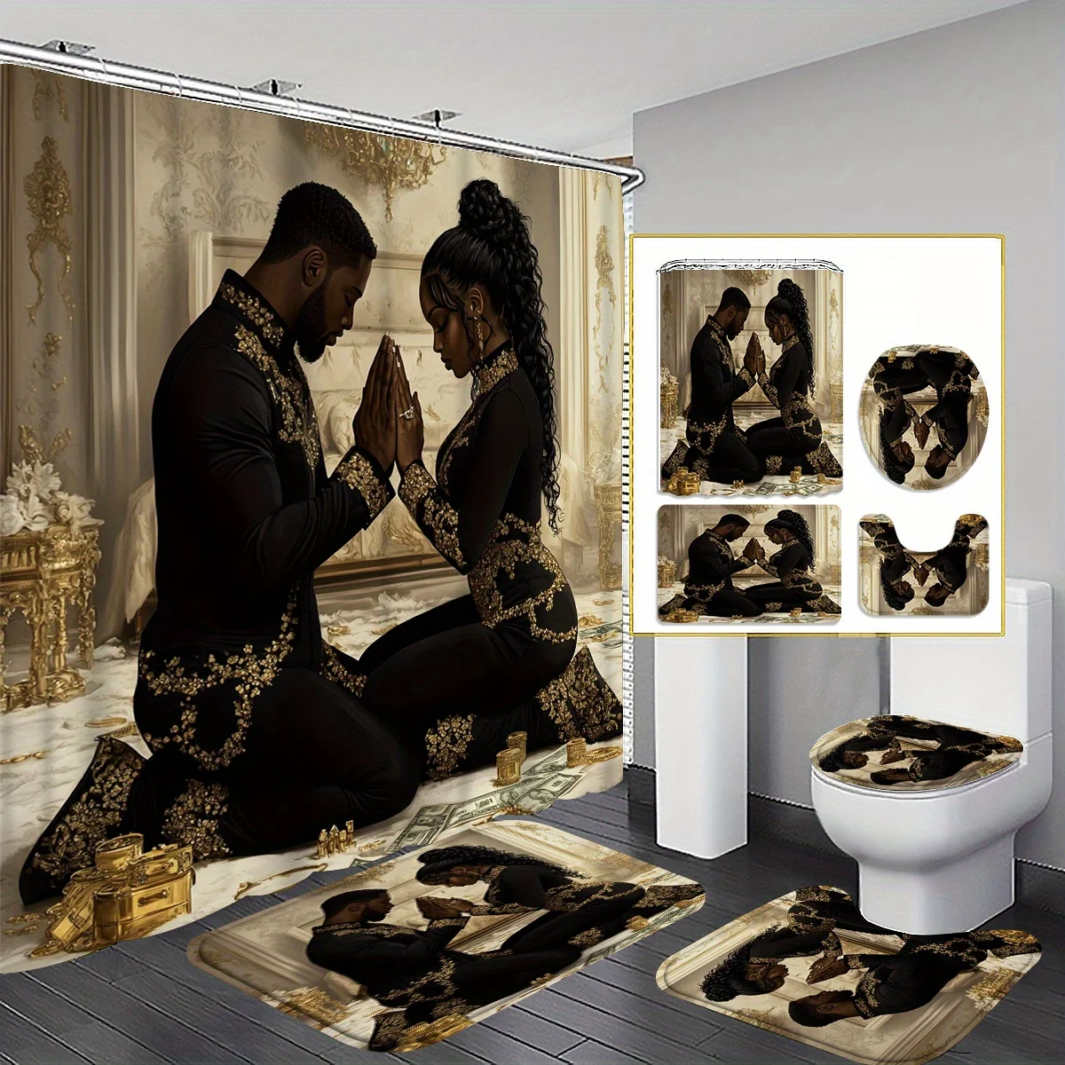 

4pcs European And American Stylish Double-Knee Prayer Pattern Shower Curtain Set, Bathroom Curtains, Bathroom Decorative