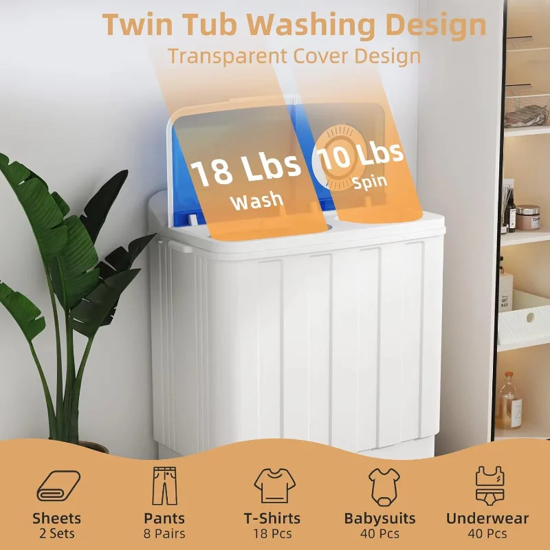 غسالة Zynkez المحمولة، غسالة غسيل بحوض مزدوج مدمجة سعة 28 رطلاً مع مضخة تصريف مدمجة، غسالة شبه أوتوماتيكية بوزن 18 رطلاً