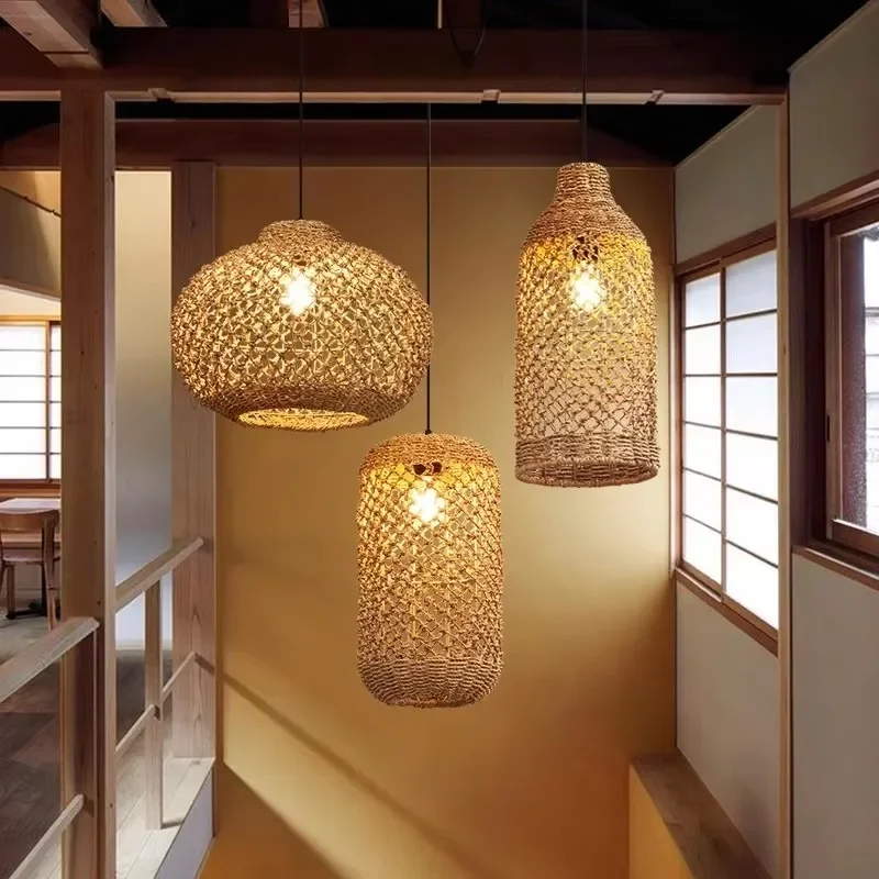 Japanese Rotating Staircase Bamboo Vine Cafe Bedlight Homestay New Restaurant Creative Chandelier Vine Weaving Lamp Tea Room