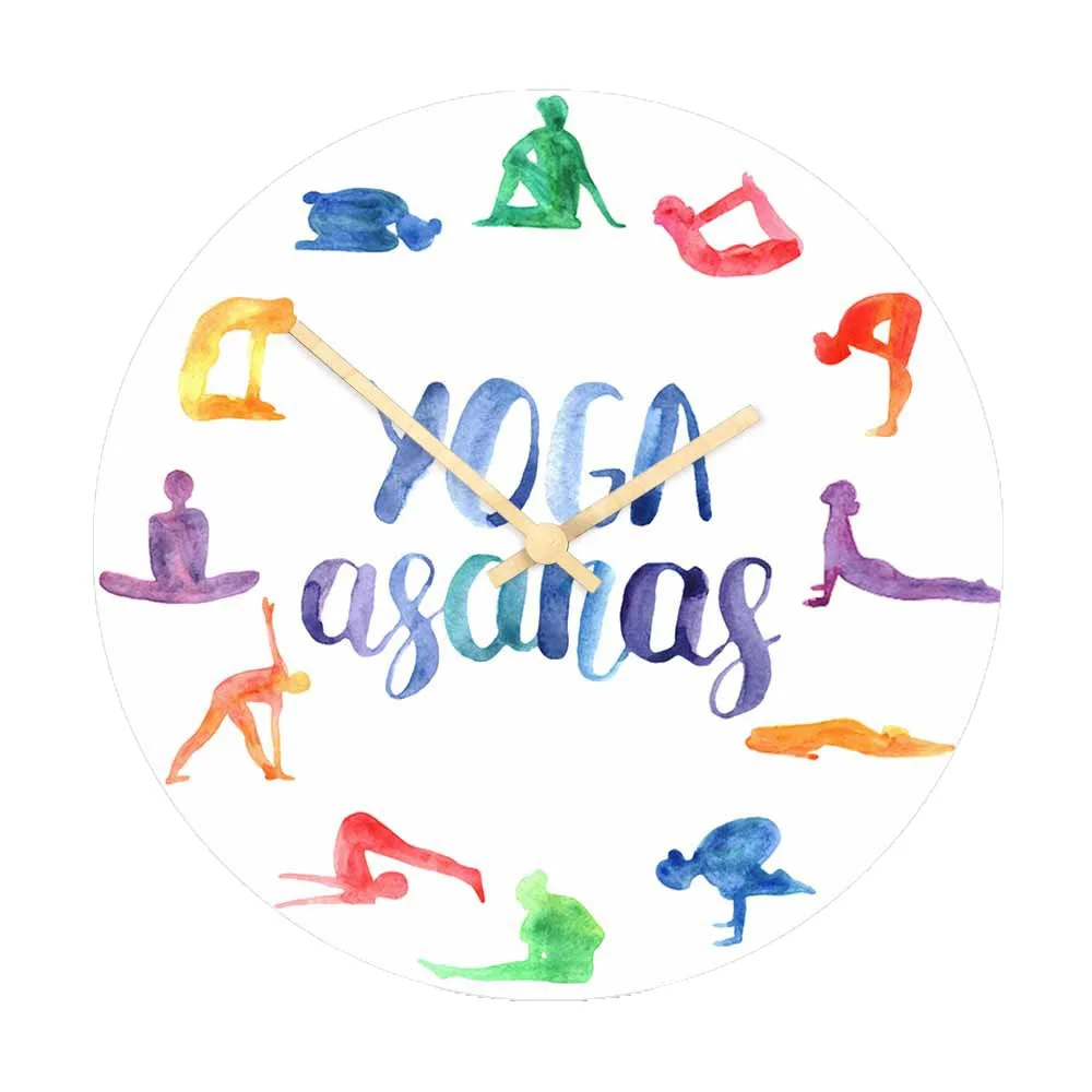 Watercolor Yoga Asanas Wall Clock - Colorful Yoga Poses Silent Quartz Watch for Yoga Studio Bedroom Decor Fitness Lover Gift