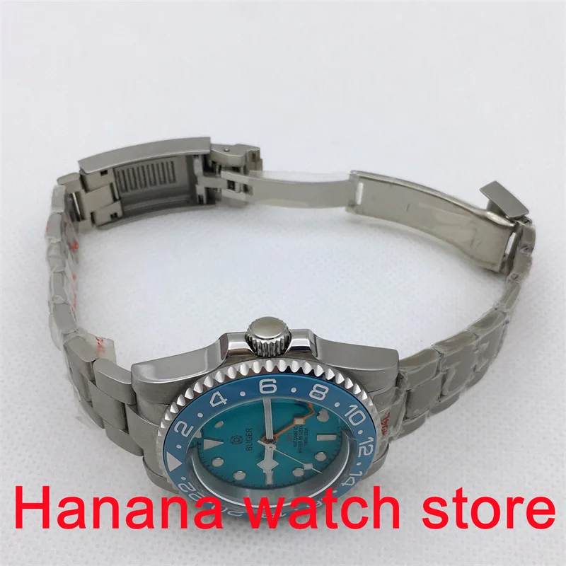 BLIGER NH34A(GMT) Watch 40mm Dome glass silver case  Luminous blue dial Snowflake hand ceramic bezel