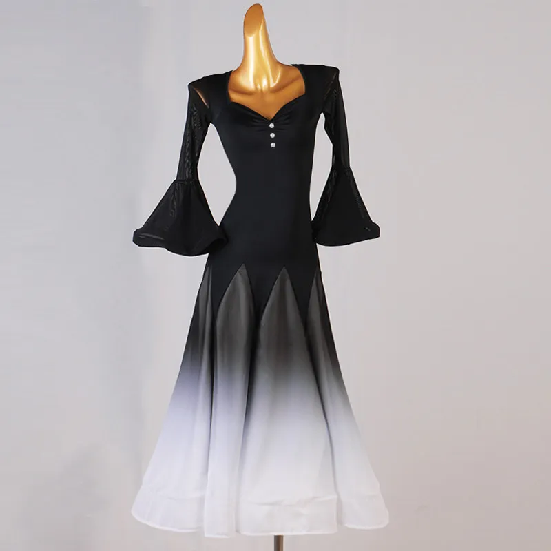 Heart neck flare long sleeve big swing dance dress with bead buttons on chest and black‑white gradient spliced skirt,suitable fo