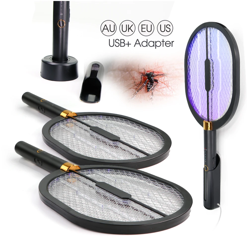 Smart USB Rechargeable Electric Fly Swatter Racket Bug Zapper 1200mAh 3000V 3-Layer Safety Mesh for Home Bedroom Kitchen Patio