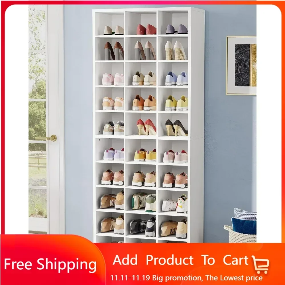 

10-Tier Shoe Storage Cabinet, White Wooden Shoe Rack with 30 Cubbies, Freestanding Tall Entryway Shoe Organizer for Closet