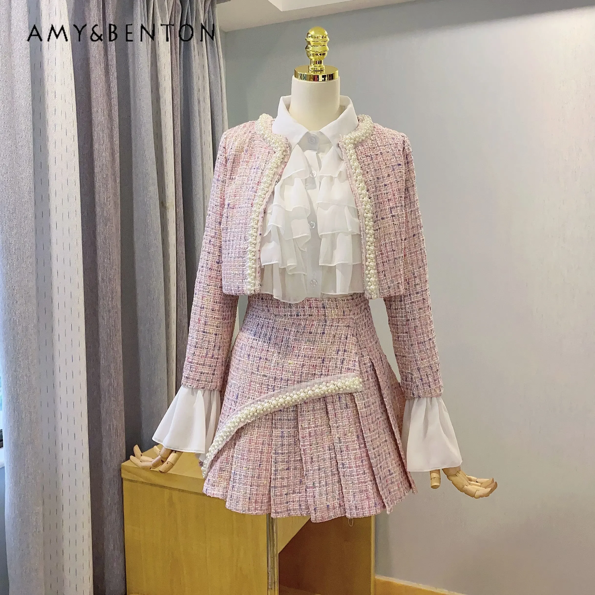 

Women's Tweed Coats and Skirt Suit Autumn New Temperament Coat Shirt and Skirts Three-Piece Suit for Ladies Elegant Skirt Sets