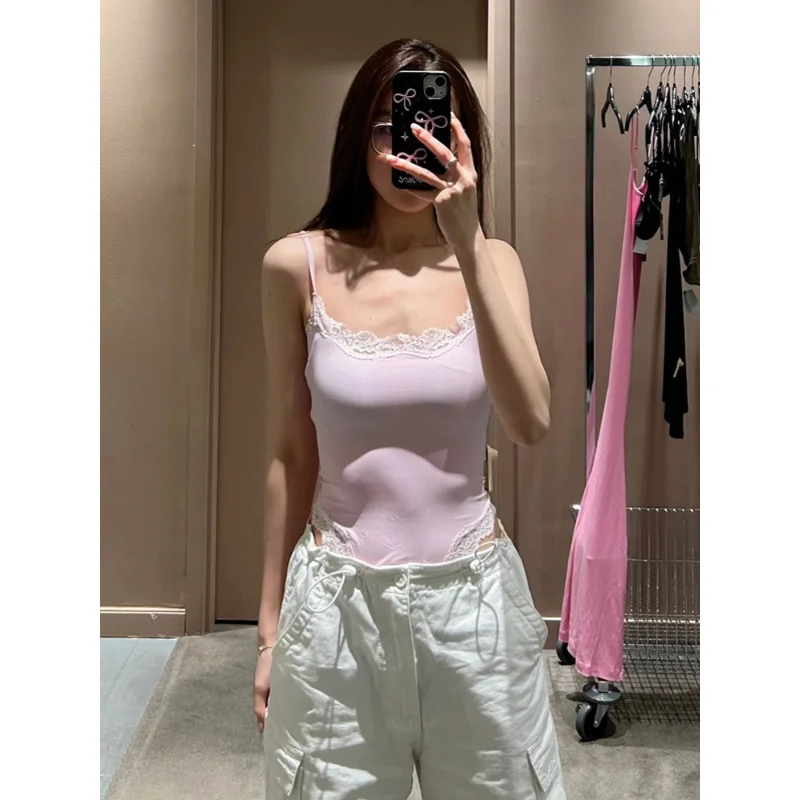 

Sexy Lace Trim Splice Slim Fit Jumpsuit Unique High Waist Strap Vest Top D0085 by Xin Si Ya Polyester Fiber ort Pants