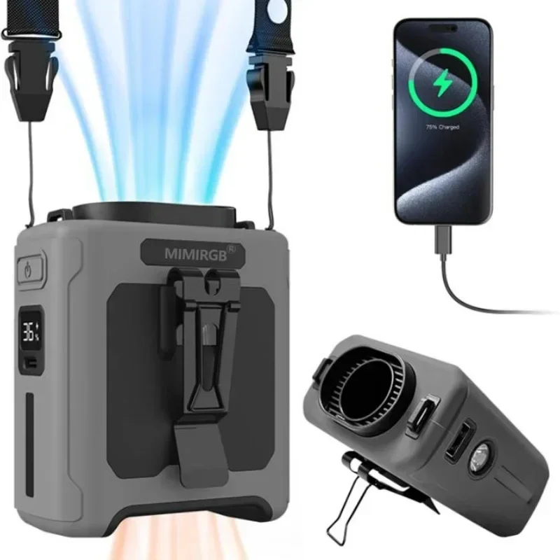 Ventilador Portátil de Cintura 10000mAh, Ventilador de Mão e de Pescoço com Vento Ultra Forte, Carregamento de Celular e Luz LED para Trabalho ao Ar Livre