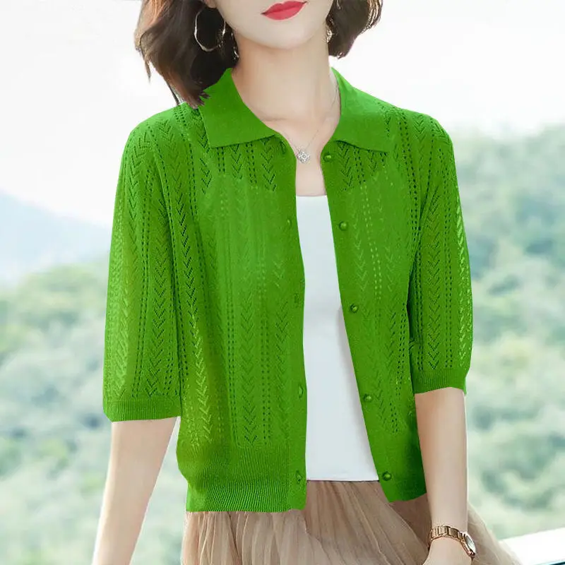 Ice Silk Knitted Women's Round Neck Hollow Outer Small Cardigan Jacket Seven-quarter Sleeve Air-conditioning Shirt