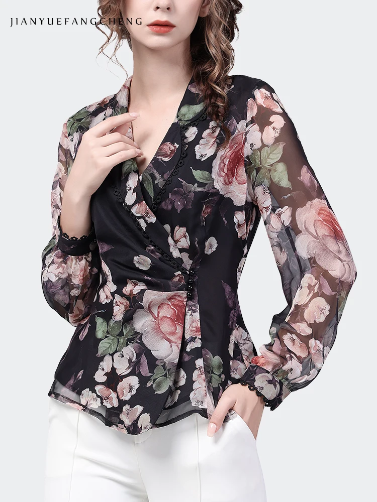 2024 Spring New Women\' Long Sleeve Floral Chiffon Top Fashionable Slim Printed Button Shirt Vintage V-Neck Casual Female Blouses