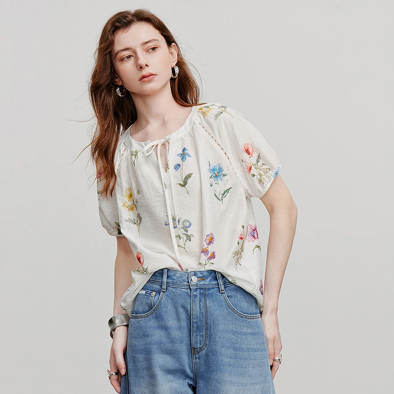 TOYOUTH بلوزة نسائية قميص 2025 صيف جديد أخضر مخملي رقبة مستديرة الأزهار المطبوعة عطلة قميص غير رسمي 8522046