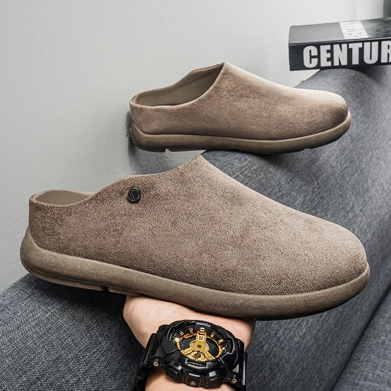 Oversized Baotou slippers, men's comfortable flat bottomed non slip casual half slippers, women's fashionable retro Boken shoes