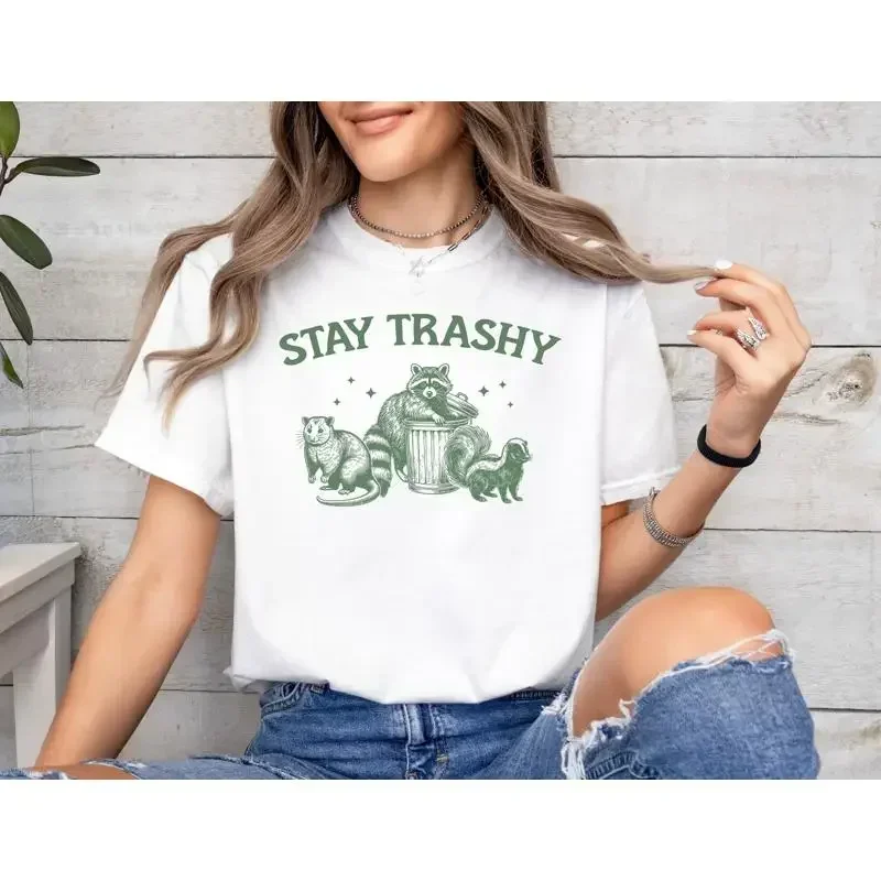 Vintage 90s Funny Racoon T Shirt Retro AdulT Cute Stay Trashy Fun Meme Trash