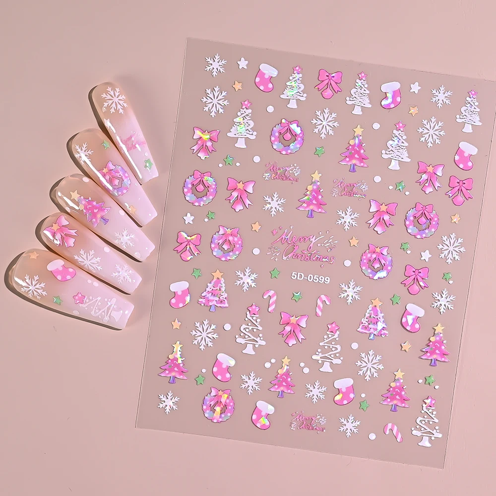 新しいクリスマス5Dレリーフネイルステッカー、自己粘着グリッター、クリスマスのクマ、ツリー、雪だるま、リース、ホリデーデカール、クリスマスステッカー