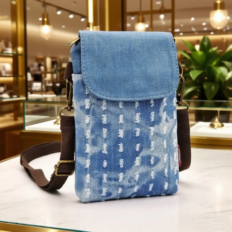 Fashionable Casual Denim Perforated Single Shoulder Diagonal Cross Phone Bag, Change Small Item Storage Bag