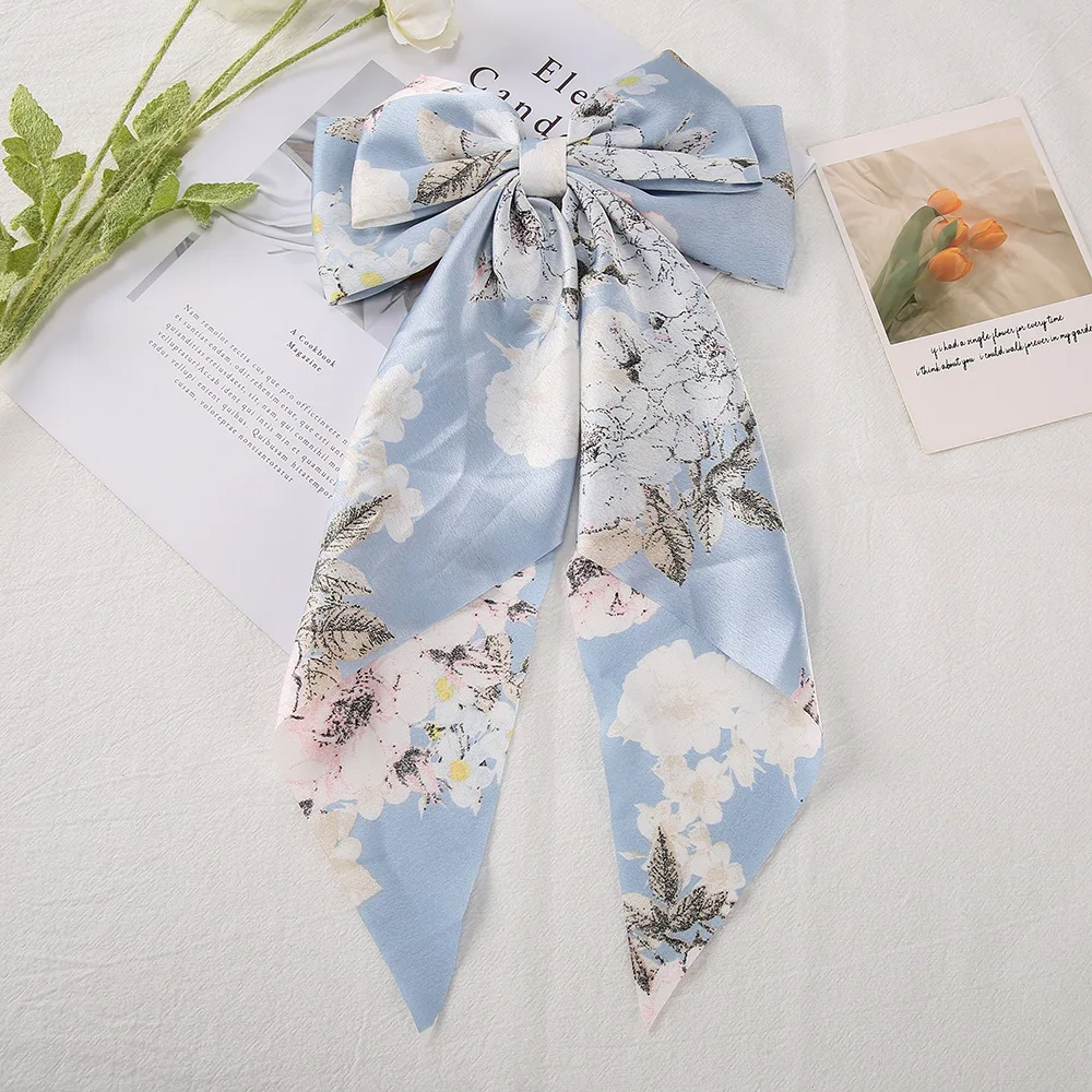 

Fashionable Spring Clip Hairpins Printed Satin Long Ribbon Fabric Hair Ties Trendy Hair Accessories for Girls