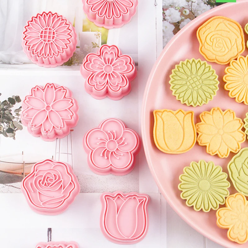 8Pcs/Set Cookie Cutters Plastic 3D Flower Shape Cartoon Pressable Biscuit Mold Cookie Stamp Kitchen Baking Pastry Sugarcraft