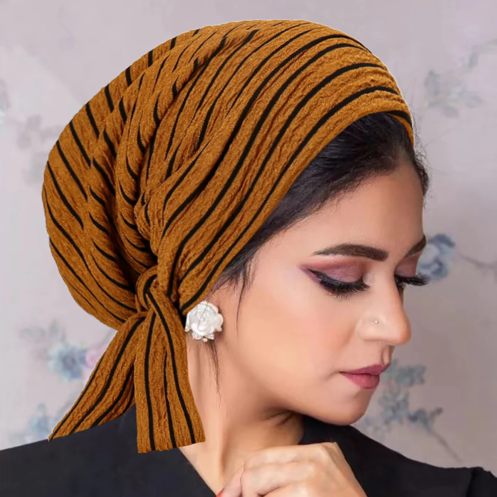 New Stripe Muslim Turban Hat Abaya Hijabs For Woman Islamic Underscarf Back Tie Abayas Jersey Turbans Instant Head Wrap Caps