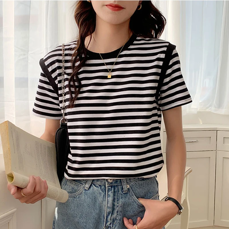 

Striped T Shirt Women 2023 Summer Top Mujer Cotton Tshirt Woman Short Sleeve Tees Korean Womens Clothing Casual Tee Shirt Femme