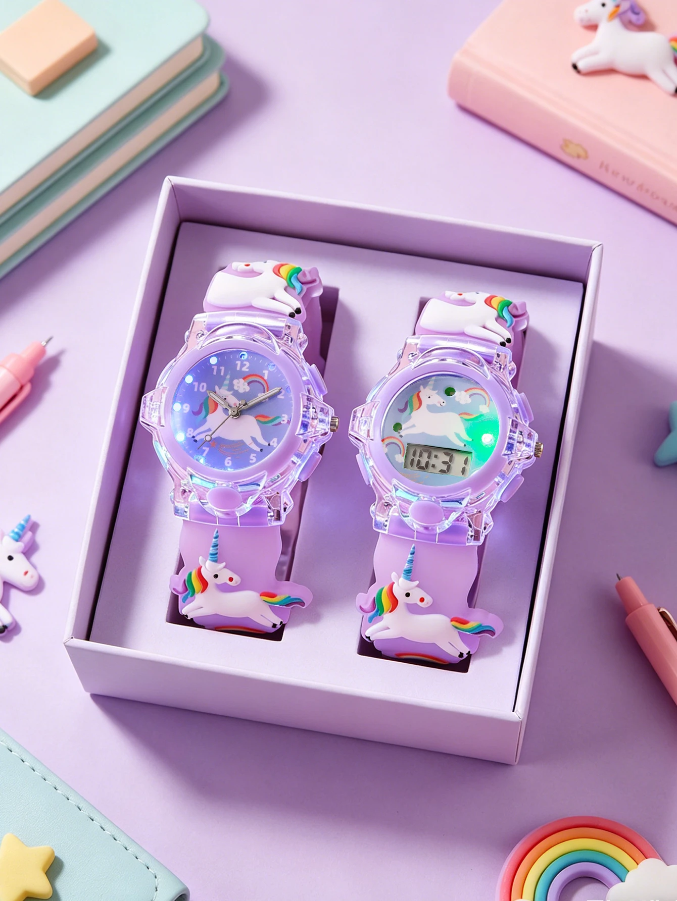 

2Pcs Kids Unicorn Watch Set LED Light Up Analog & Digital Wristwatch for Girls