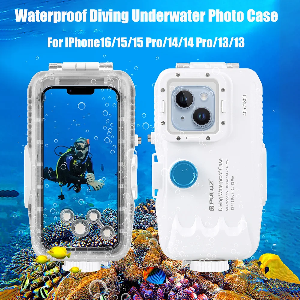 

PULUZ 40m 130ft Waterproof Diving Case for iPhone 16 15 15 Pro 14 14 Pro 13 13 Pro Photo Video Taking Underwater Cover Case