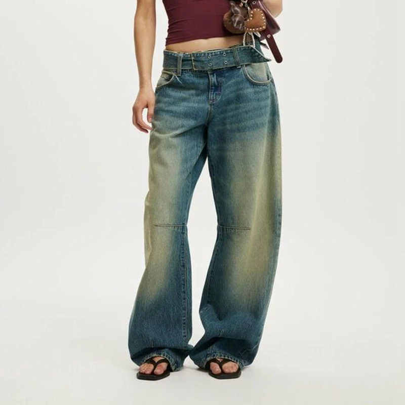 Damskie jeansy typu barrel z paskiem w stylu Y2K vintage, modne, codzienne, z gradientem kolorów, z niskim stanem, luźne, długie spodnie dżinsowe z kieszeniami.