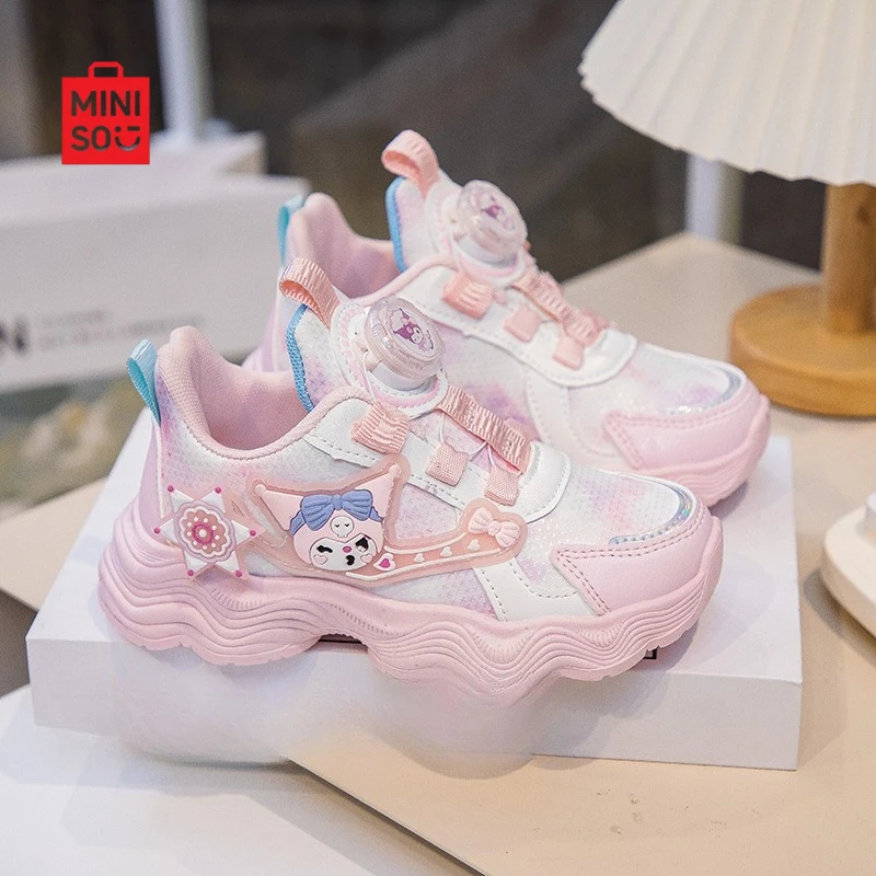 حذاء Miniso 2025 Kuromi للفتيات، نعل ناعم شبكي منسوج وجلد للأطفال والكبار والمراهقين