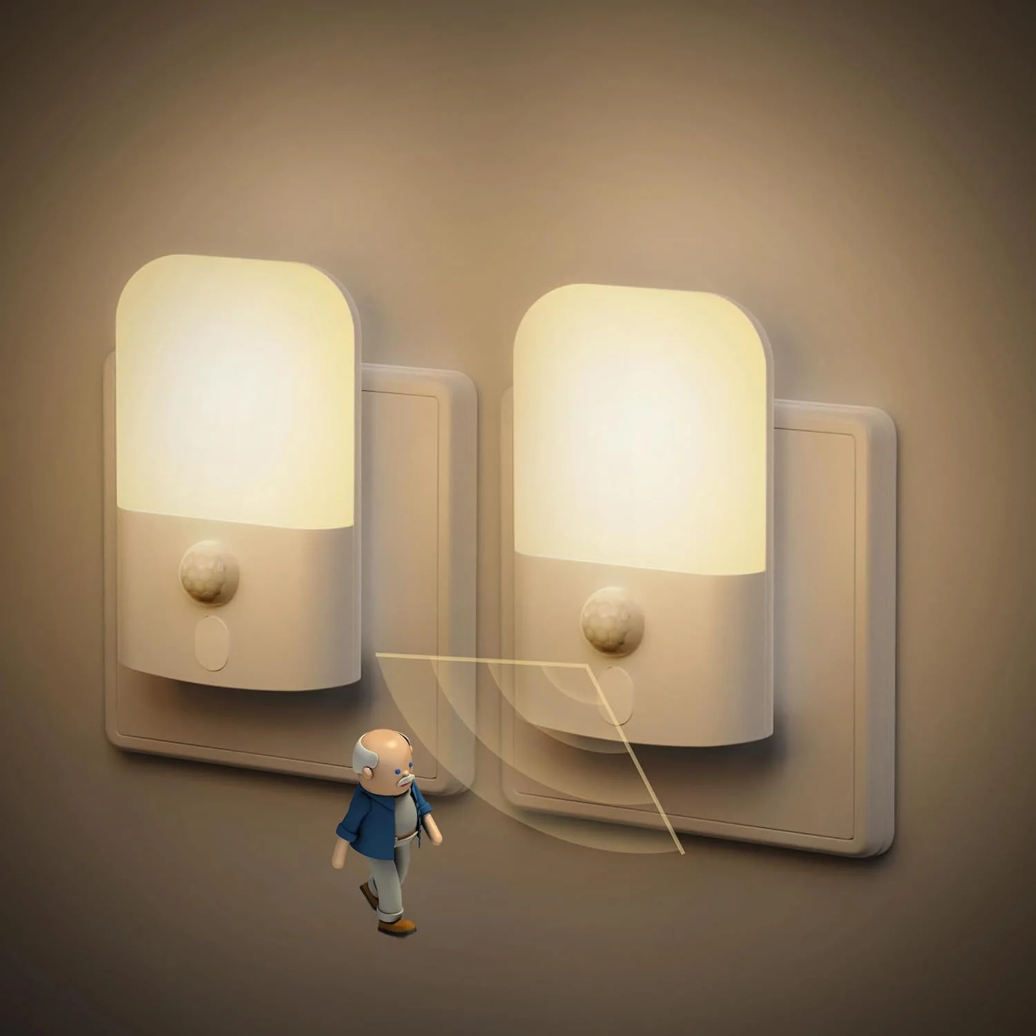 2 Stück Nachtlicht mit Bewegungssensor, 5 Helligkeitsstufen, EIN/AUS/AUTO-Modus, bewegungsaktiviertes Nachtlicht, Nachtlichter