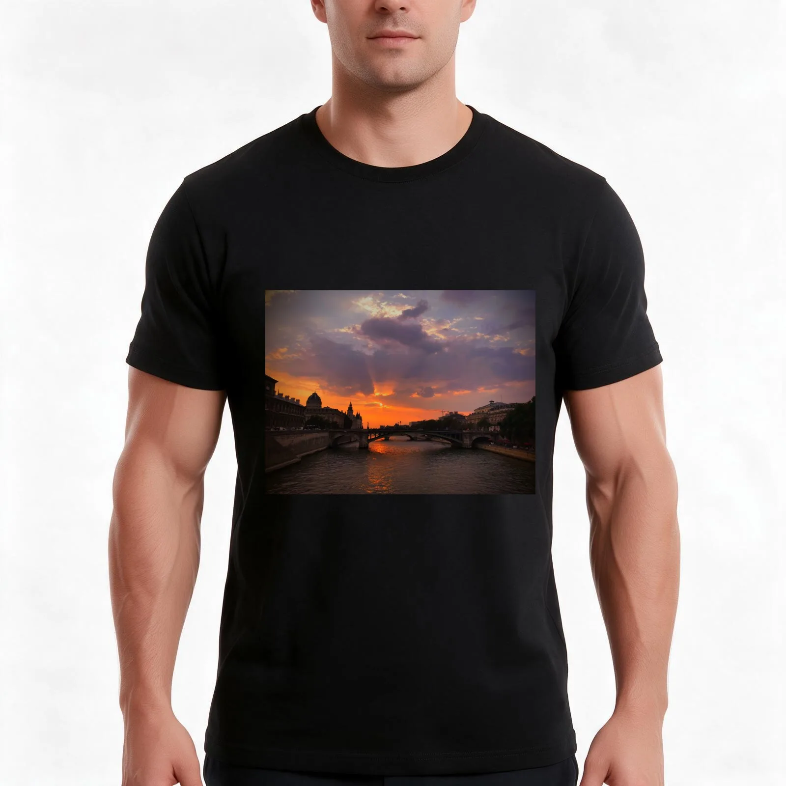 Seine River Sunset T-Shirt, Summer Casual Cotton Tee, Oversized Streetwear Tops, Vintage Graphic Print, Loose Fit Short Sleeve