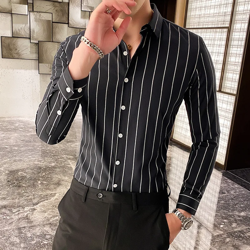 

Foreign Trade Large Size Fashion Korean Striped Shirt Men's Long Sleeve Slim Fit Shirt Youth Leisure