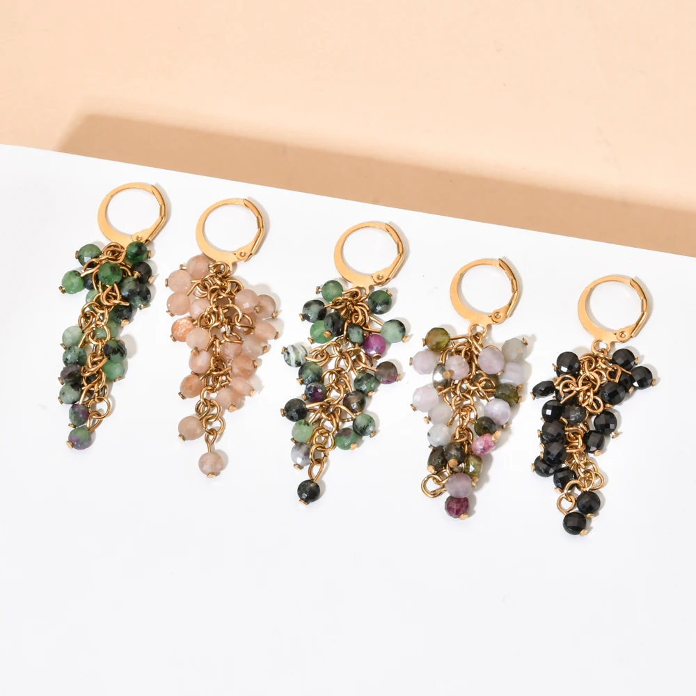 Bohemian Women Natural Stone Tourmaline lapis lazuli Beads Grape Shape Tassel Hook Dangle Earrings Wedding Party Charm Jewelry