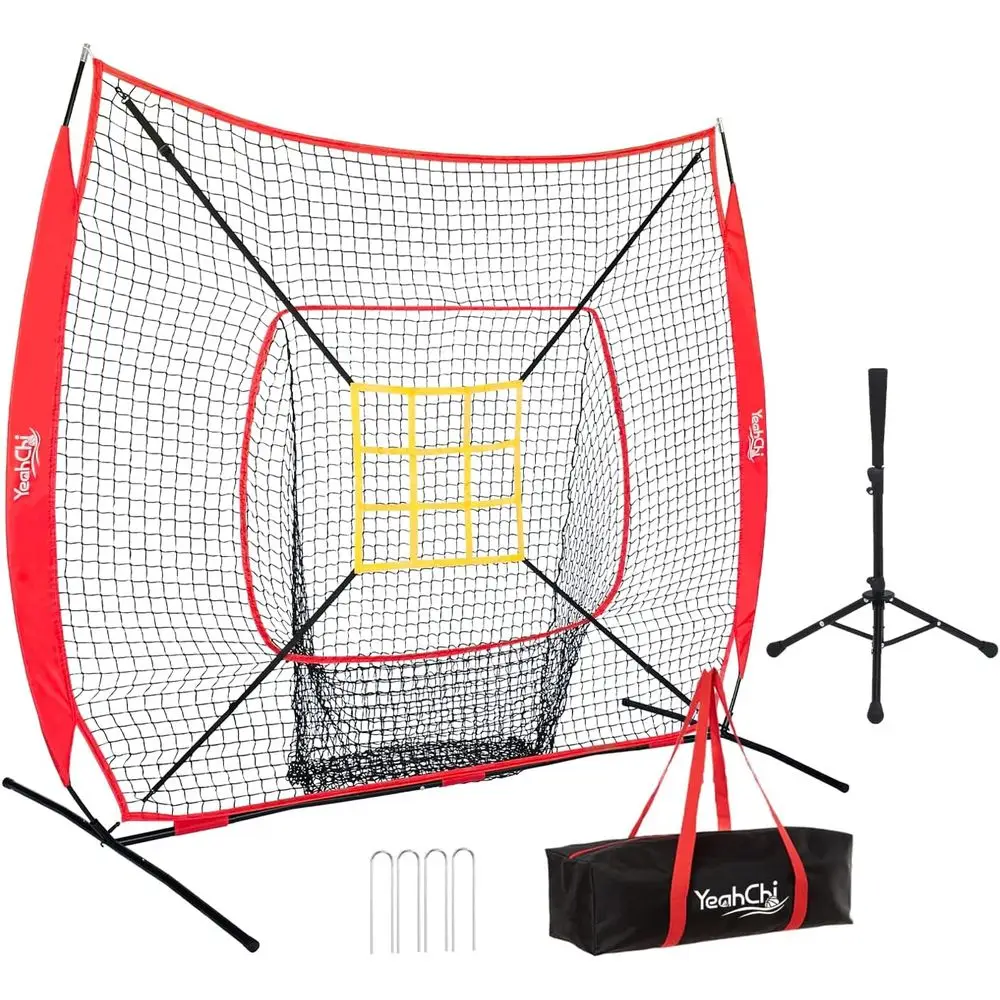 

7×7T Baseball Net with Batting Tee and Strike Zone Target, Portable Hitting Pitching Batting Training Net, Baseball and Sotball