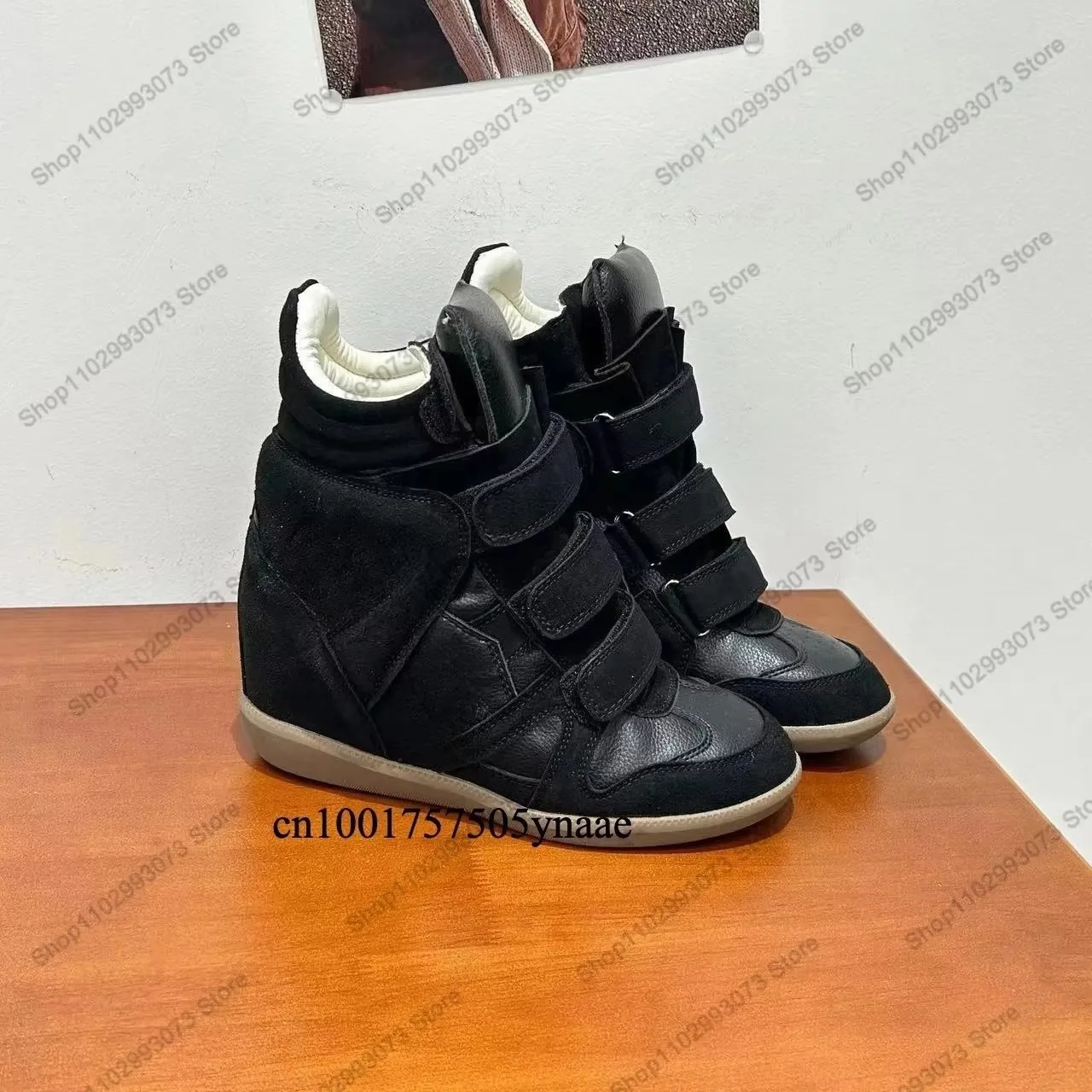 Women Hidden Wedge Heel HighTop Sneakers Suede Leather Splicing Velcro Strap Closure Inner HeightIncreasing Ankle Boots Lightweight Comfort Casual Fashion Shoes for Street Shopping Dating Party Daily Outdoor Walking Wear
