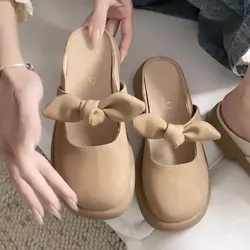 Butterfly-Knot Female Shoes Slippers Women Summer Mules Sexy Low Loafers Cover Toe Slides 2025 Flat Square Butterfly-knot Rubber