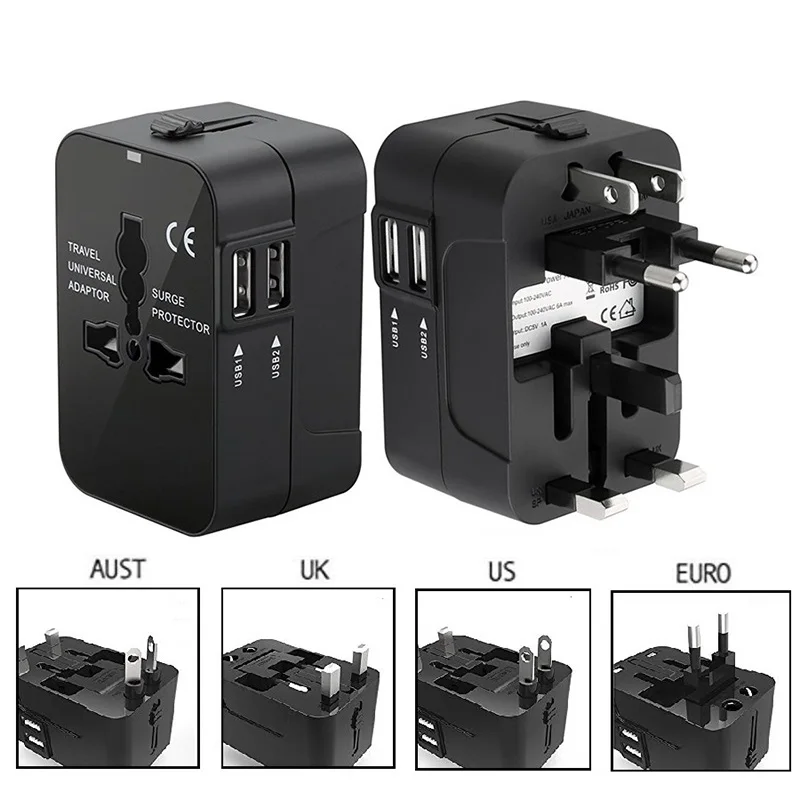 Adaptador de viaje internacional, cargador de viaje con 2 puertos USB, regleta de pared todo en uno para enchufe de viaje EE. UU., UE, Reino Unido y AU