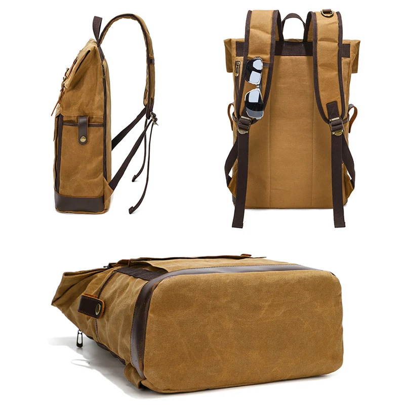 Rozkładany plecak retro o dużej pojemności dla mężczyzn, płócienny, wodoodporny plecak podróżny na zewnątrz z brązowymi skórzanymi wykończeniami i zapięciem na klamrę.
