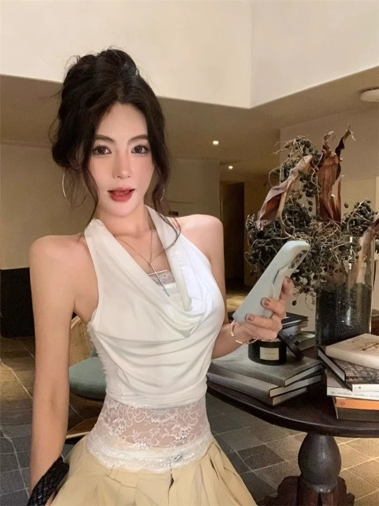 Women's Lace Patchwork Cowl Neck Halter Camisole Sexy Slim Fit Summer Vest Top Y2k Streetwear