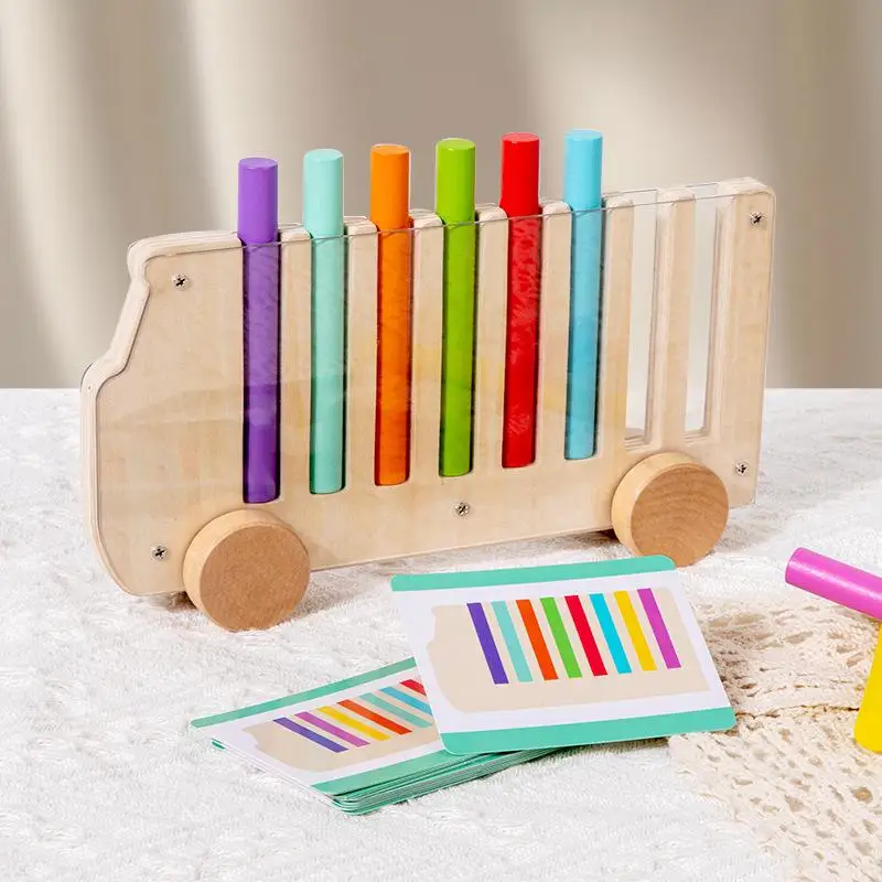 SU 1Set Movable Trolley With 20 Cards Color Cognition Toys Color Sorting Game Bus Shaped Toy For Inserting Multicolored Sticks