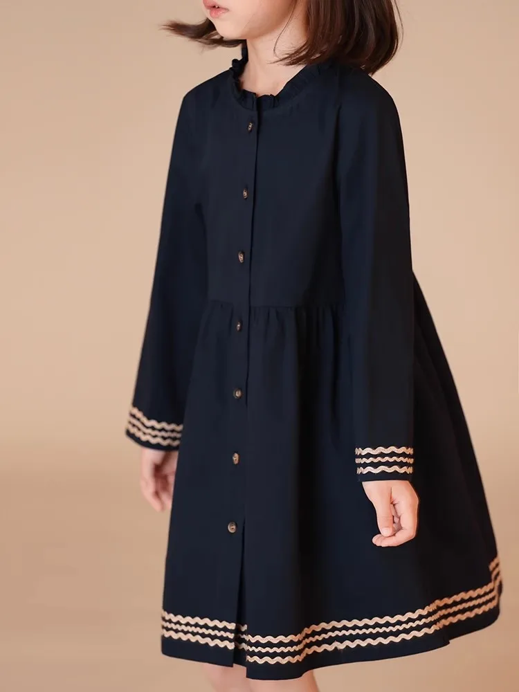 Spring  Autumn Girls' Skirt Round Neck Long Sleeve to weave Dress navy blue Polyester Casual Style Fashionable And Comfortable