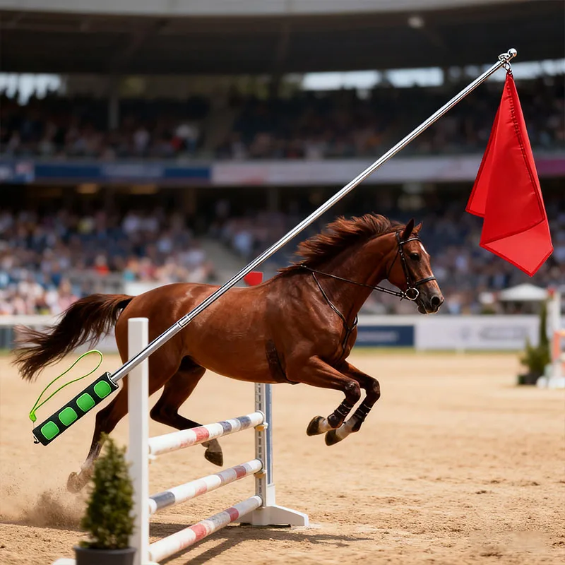 قطعة واحدة من نظام تدريب الحصان القابل للسحب، مع عمود تلسكوبي وخطاف - علم أحمر/أبيض عالي التحمل، آلية سريعة التحرير مناسبة للقفز والعرض المتقاطع - مناسبة لسهولة التركيب - معدني قوي مع خطافًا للفروسية وإكسسوارات الفروسية