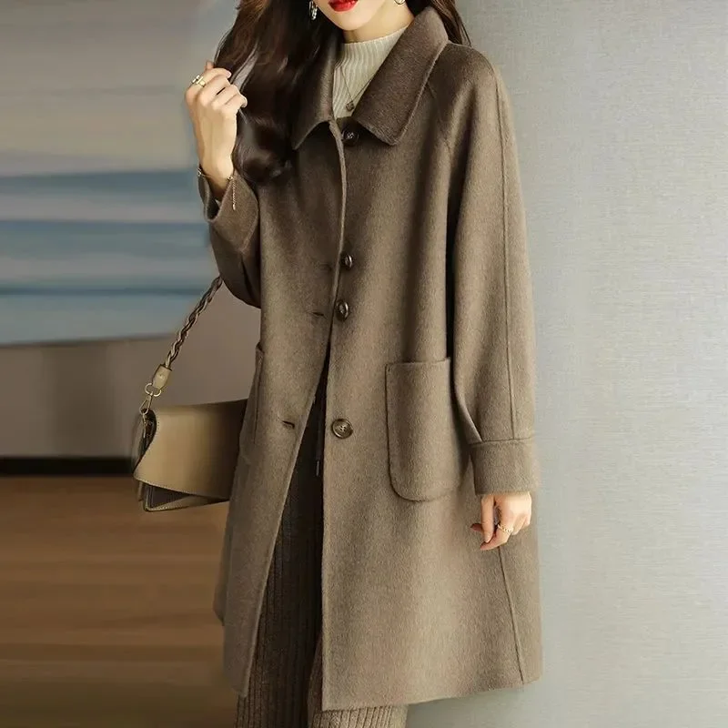 Women's 2025 Autumn Winter New Thickened Korean Style Slim Temperament Medium Length Woolen Coat
