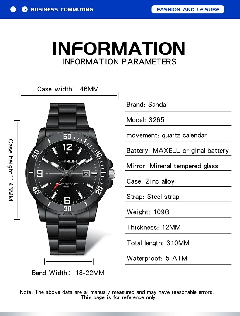 SANDA 2025 جديد 3266 3265 ساعة رجالية فاخرة الطلب الكبير متعددة الوظائف مقاوم للماء ضوء الليل التقويم ساعة كوارتز رجالية