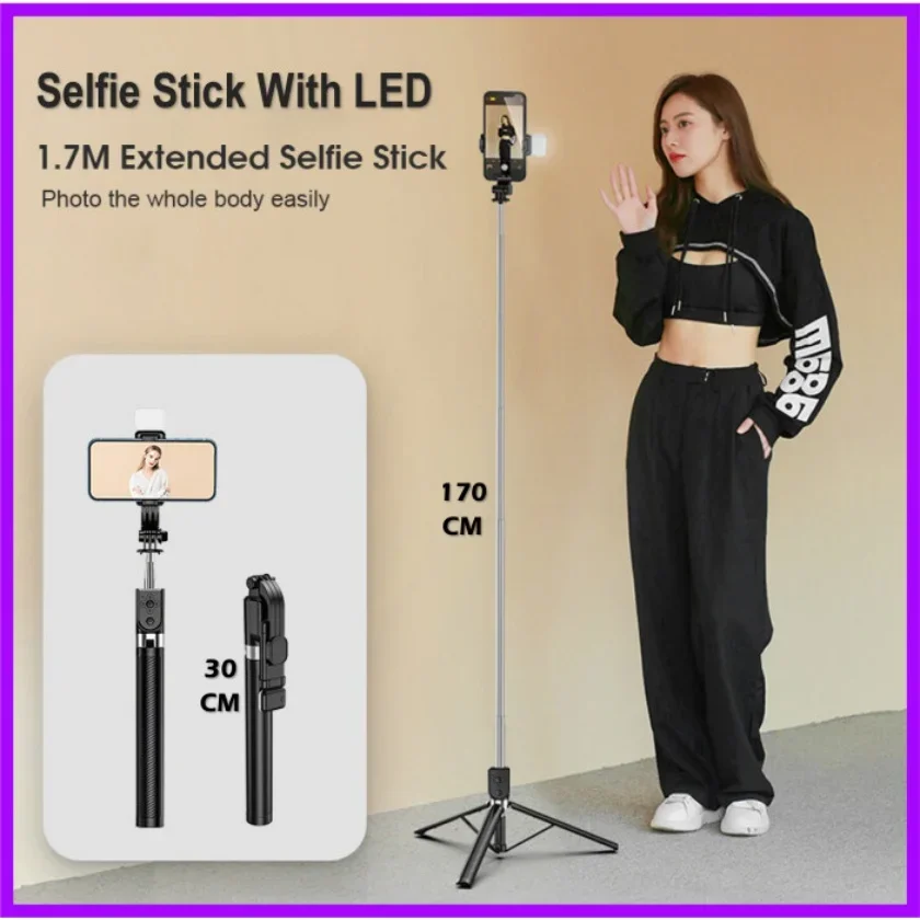 Bluetooth Selfie Stick 4 in 1 Remot Bluetooth 1,7 Meter Mobile Phone Holder Tripods Mini Extendable Selfie Stick