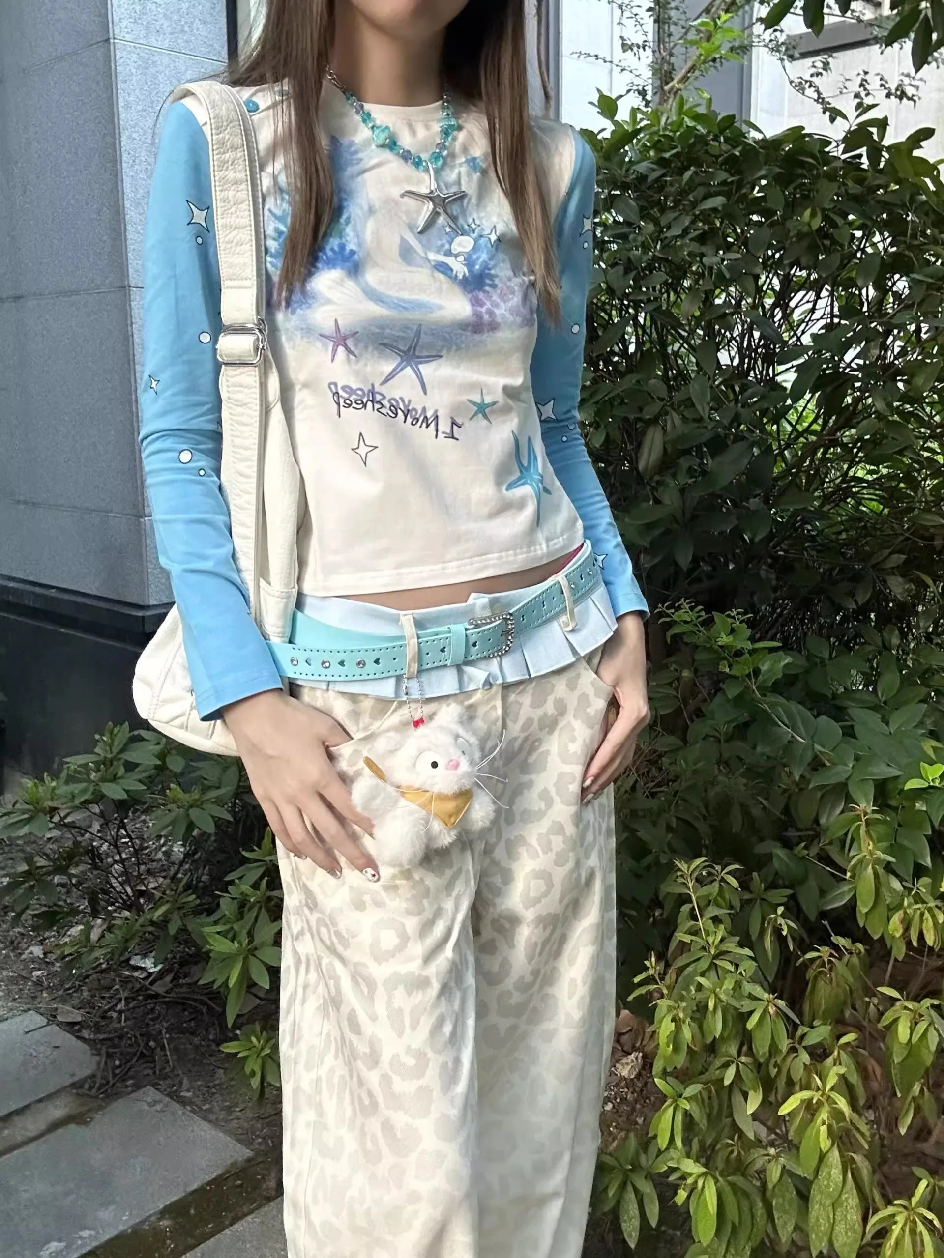 Y2K Leopard Print Pants Women Color Block Patchwork Design Retro Skirt Style Loose Wide Leg Casual New